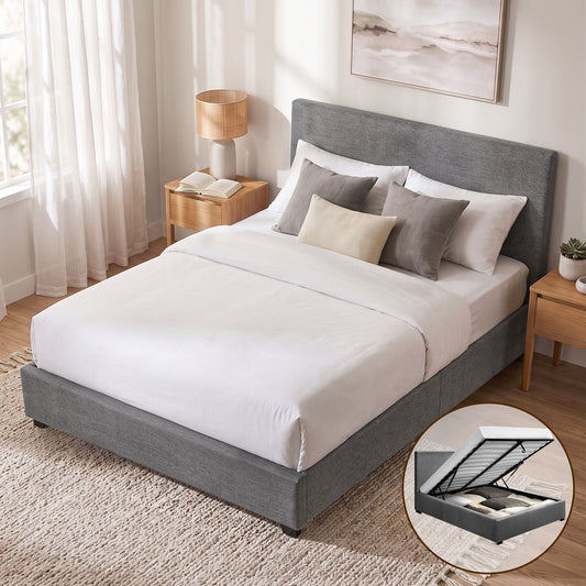 Bed Frame Queen, Fabric, Grey