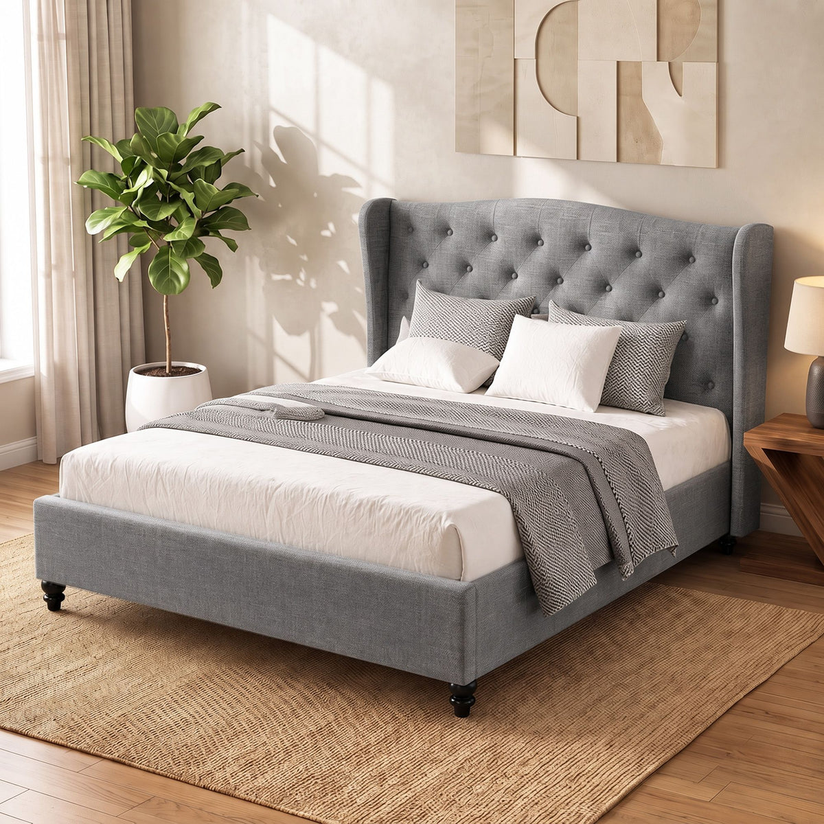 Pier Bed Frame Fabric, Grey Double