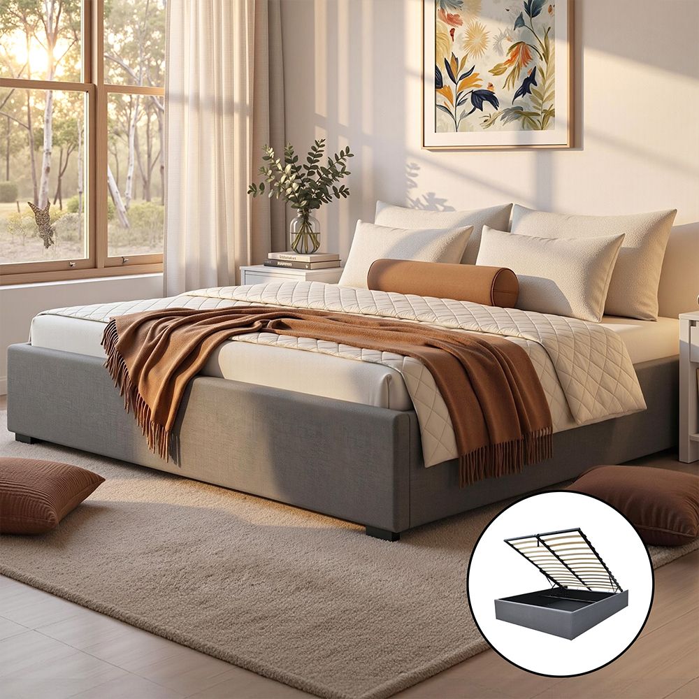Bed Frame Base King Size Gas Lift With Storage Platform Fabric