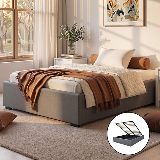 King single fabric gas lift storage bed frame