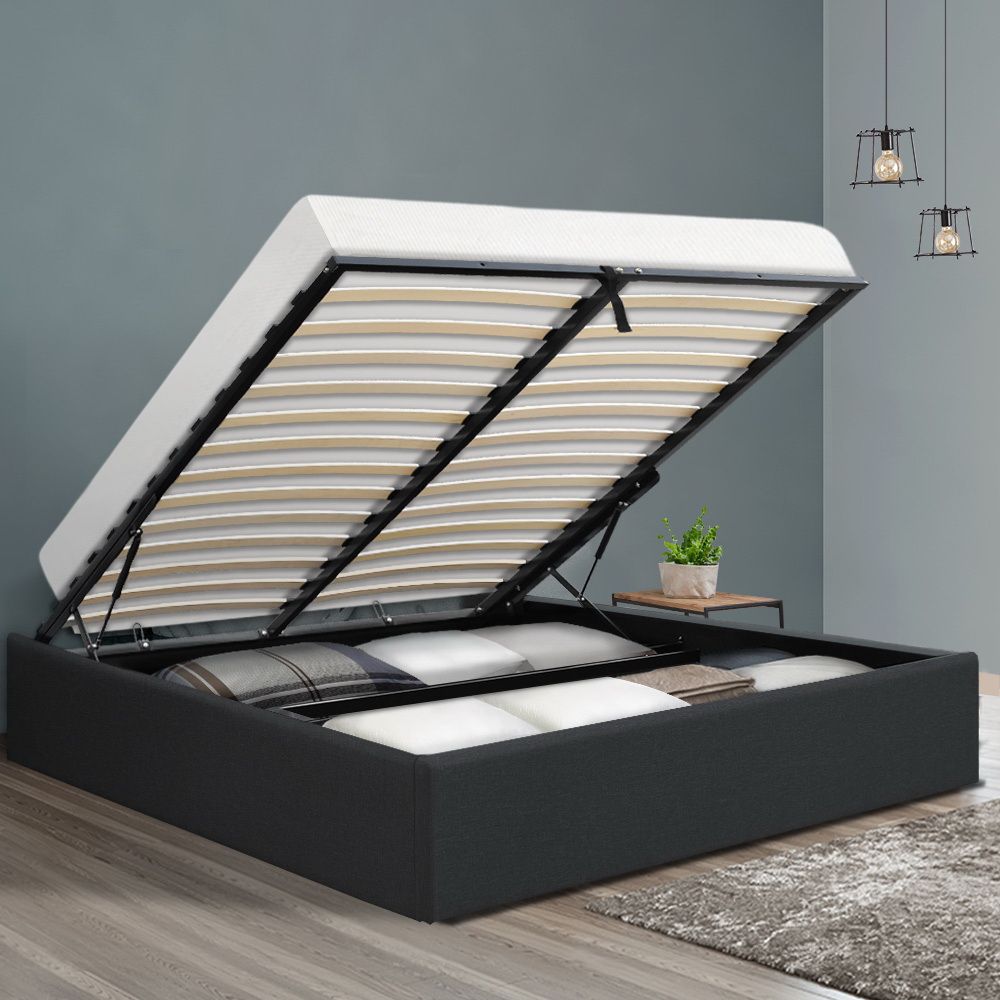 Gas Lift Bed Frame, Queen, Storage, Fabric, Charcoal