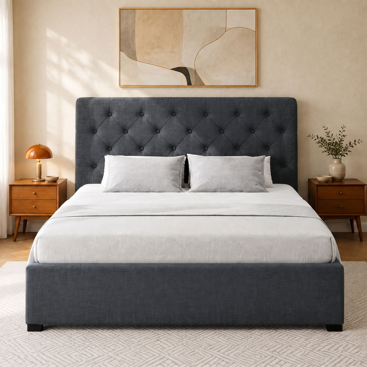 Bed Frame Double Size Gas Lift with Storage Fabric - Charcoal Vila