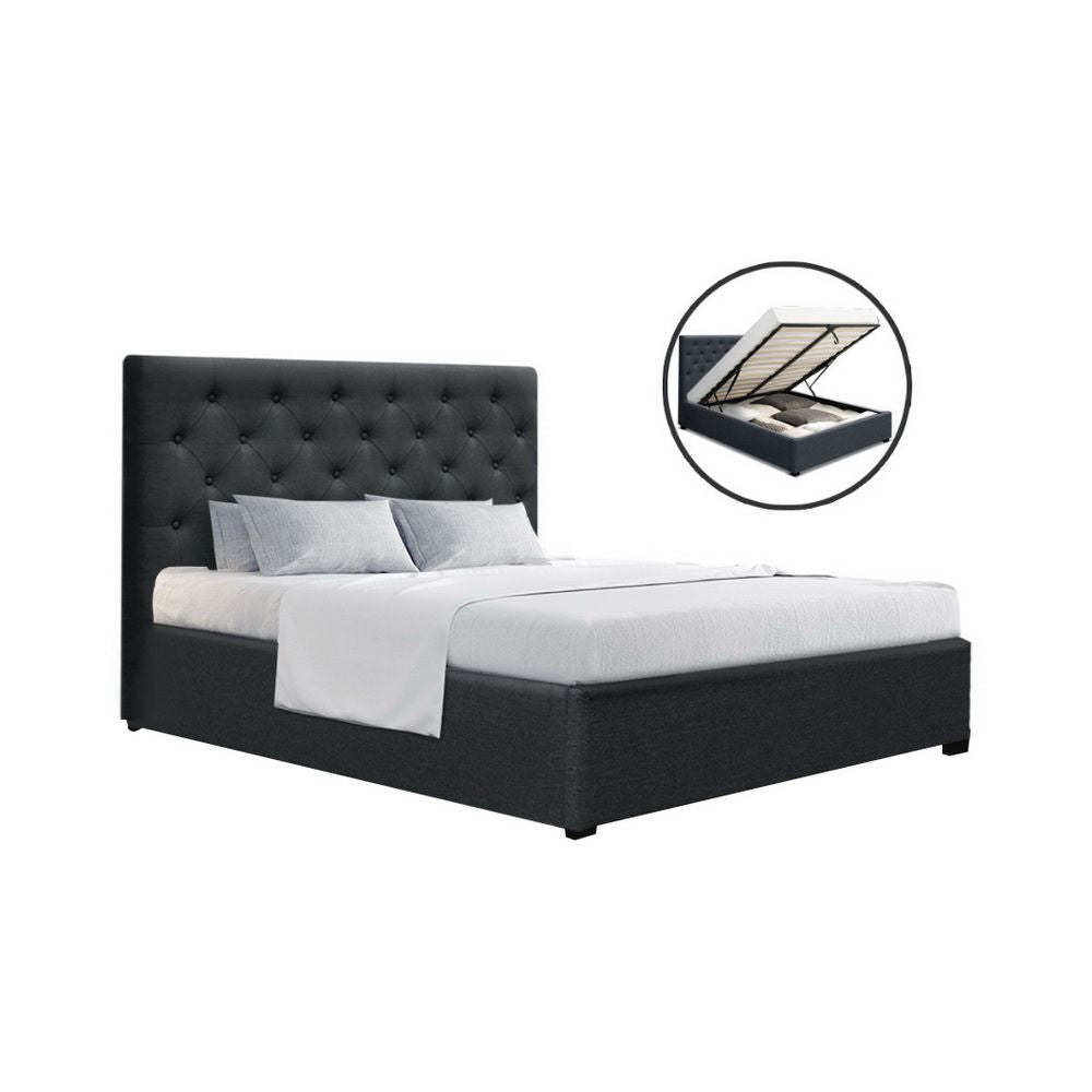 Bed Frame Double Size Gas Lift with Storage Fabric - Charcoal Vila