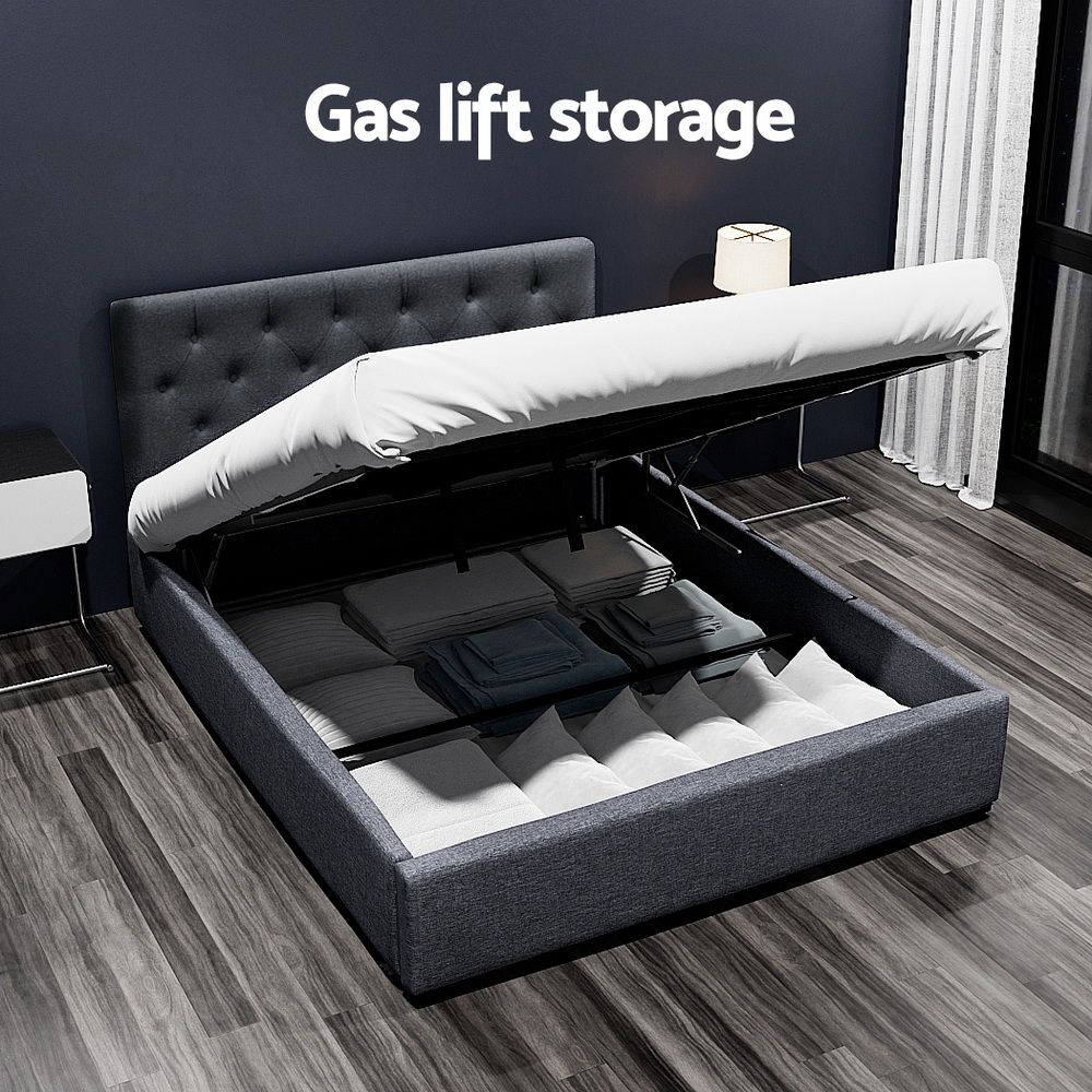 Bed Frame Double Size Gas Lift with Storage Fabric - Charcoal Vila