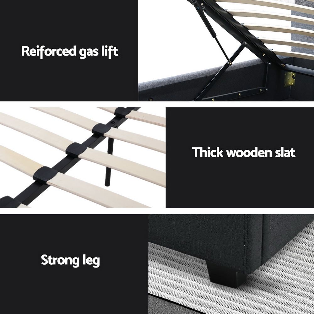 Bed Frame Double Size Gas Lift with Storage Fabric - Charcoal Vila
