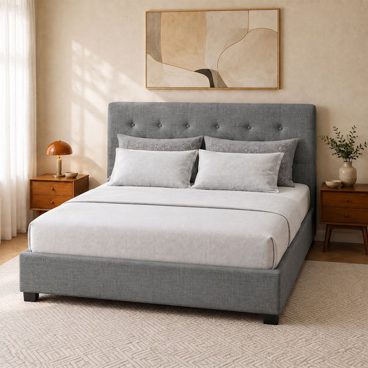 Bed Frame Double, Fabric Gas Lift Storage, Grey