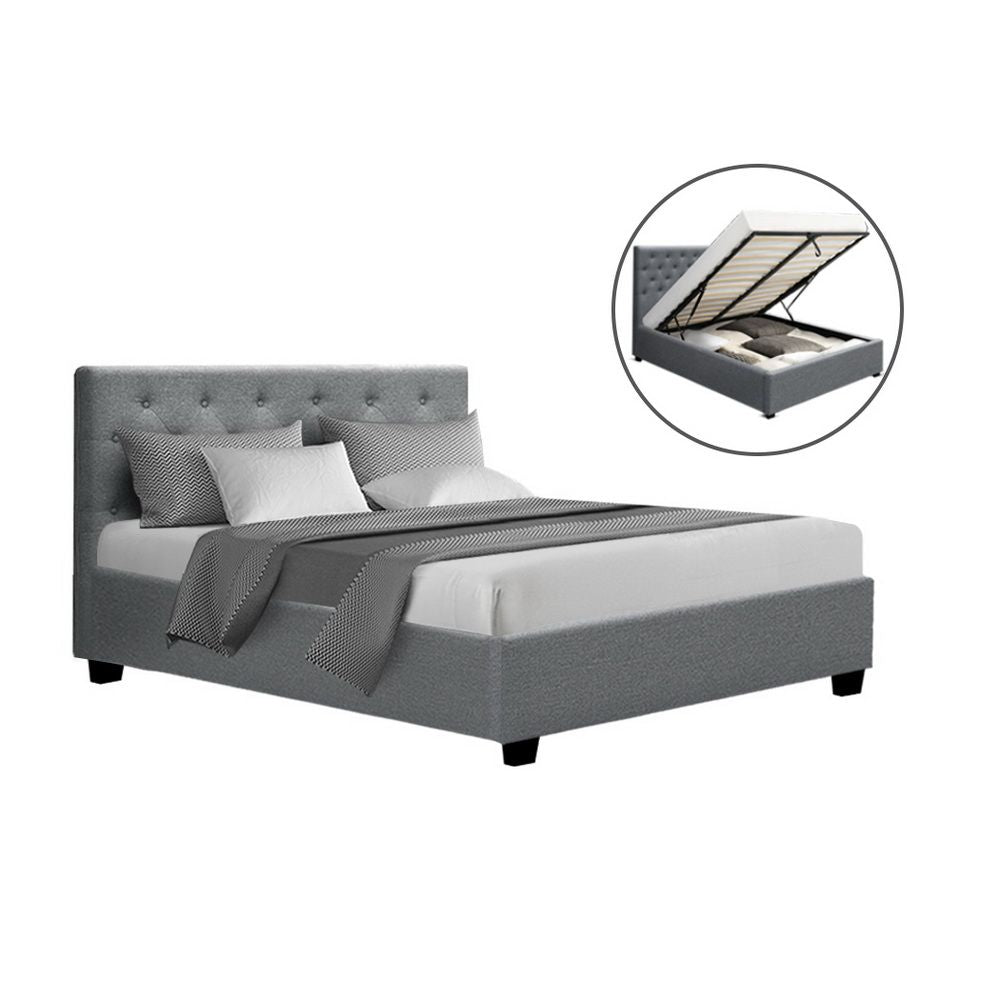 Bed Frame Double, Fabric Gas Lift Storage, Grey