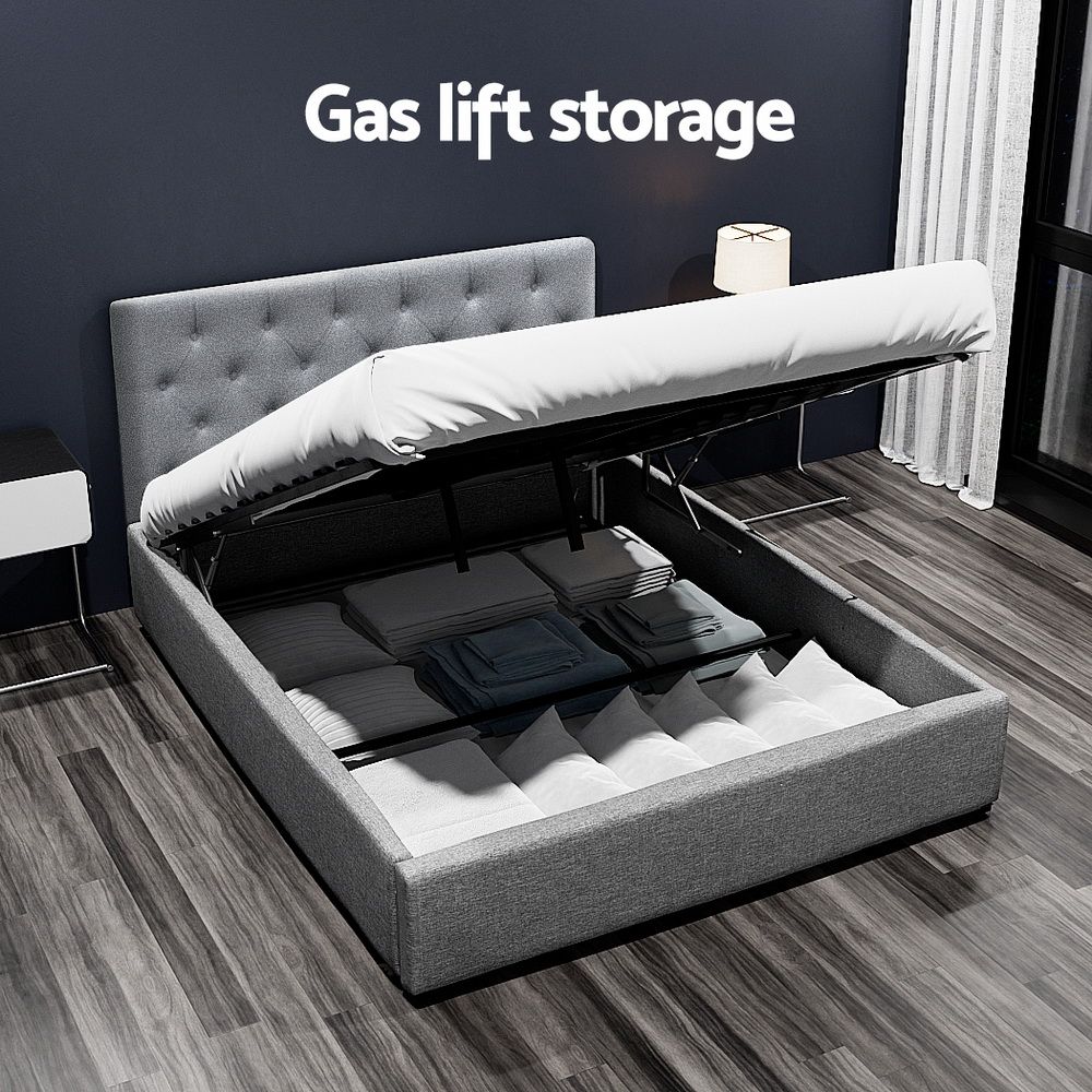 Bed Frame Double, Fabric Gas Lift Storage, Grey
