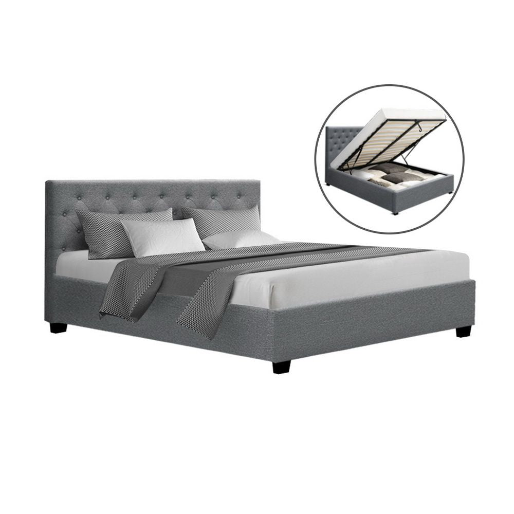 Bed Frame Queen, Fabric Gas Lift Storage, Grey
