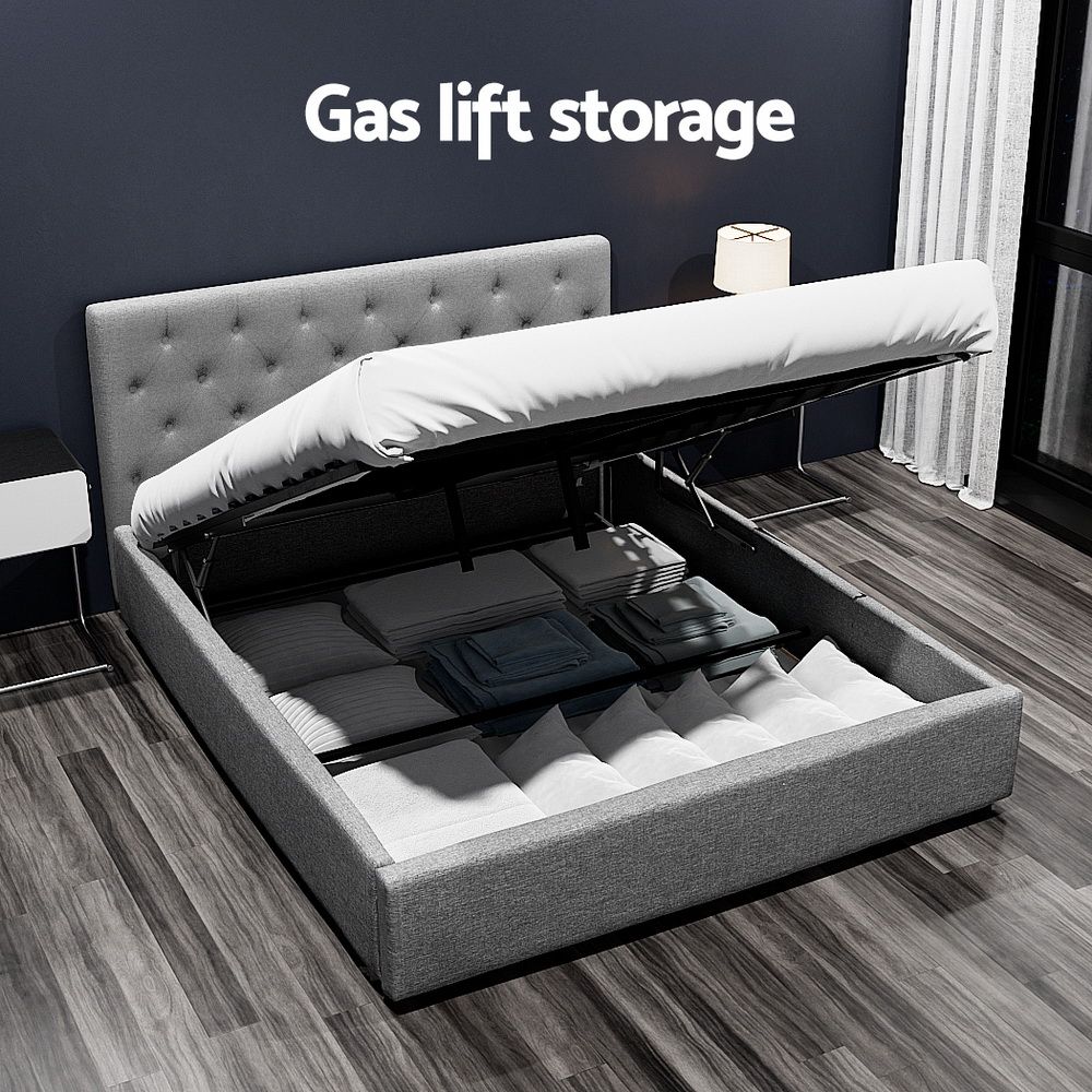Bed Frame Queen, Fabric Gas Lift Storage, Grey