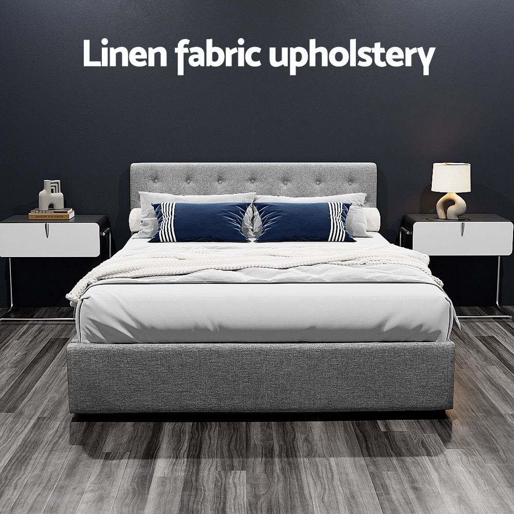 Bed Frame Queen, Fabric Gas Lift Storage, Grey