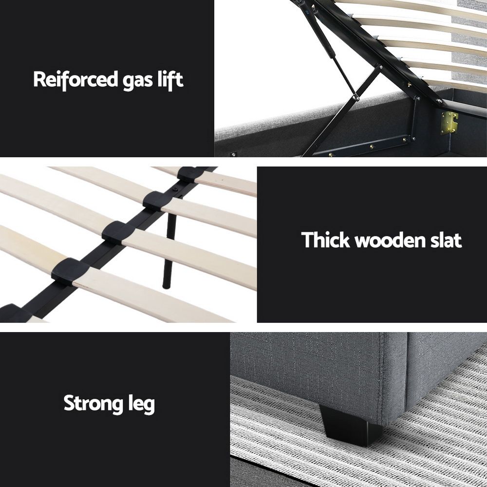 Bed Frame Queen, Fabric Gas Lift Storage, Grey