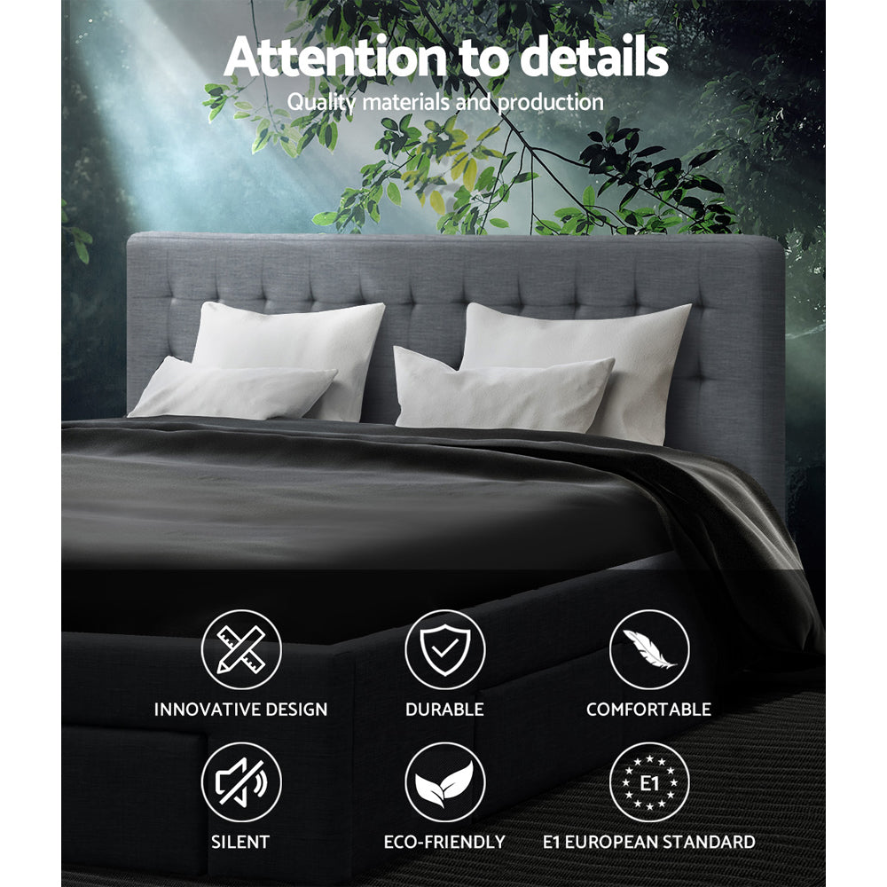 Grey fabric tiyo bed storage with fitted edges and product hardware