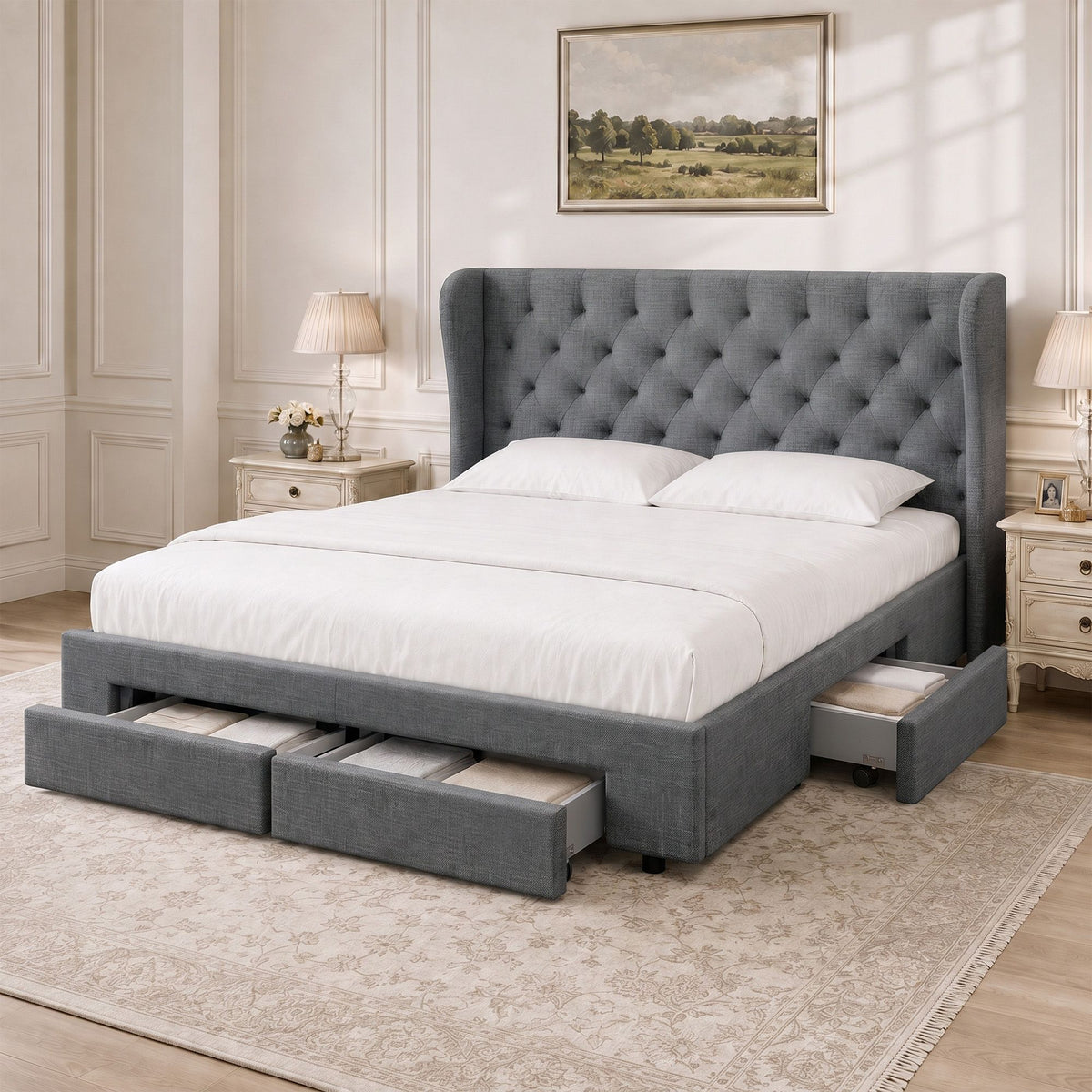 Bed Frame Storage Drawers Mila Fabric - Charcoal King