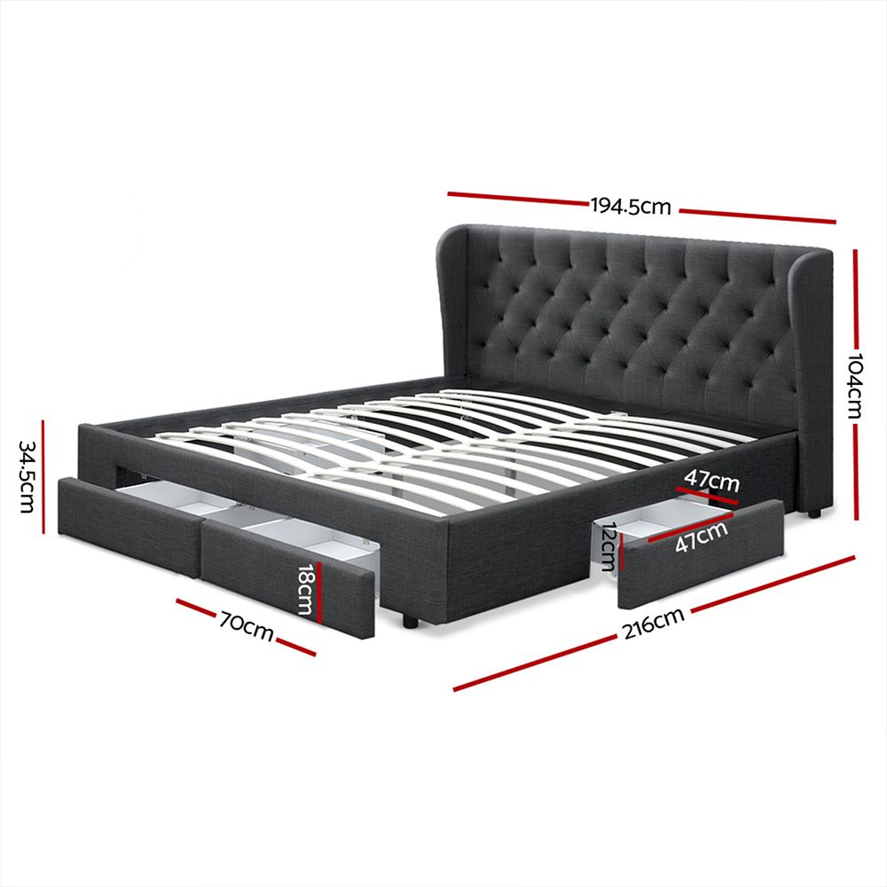 Bed Frame Storage Drawers Mila Fabric - Charcoal King