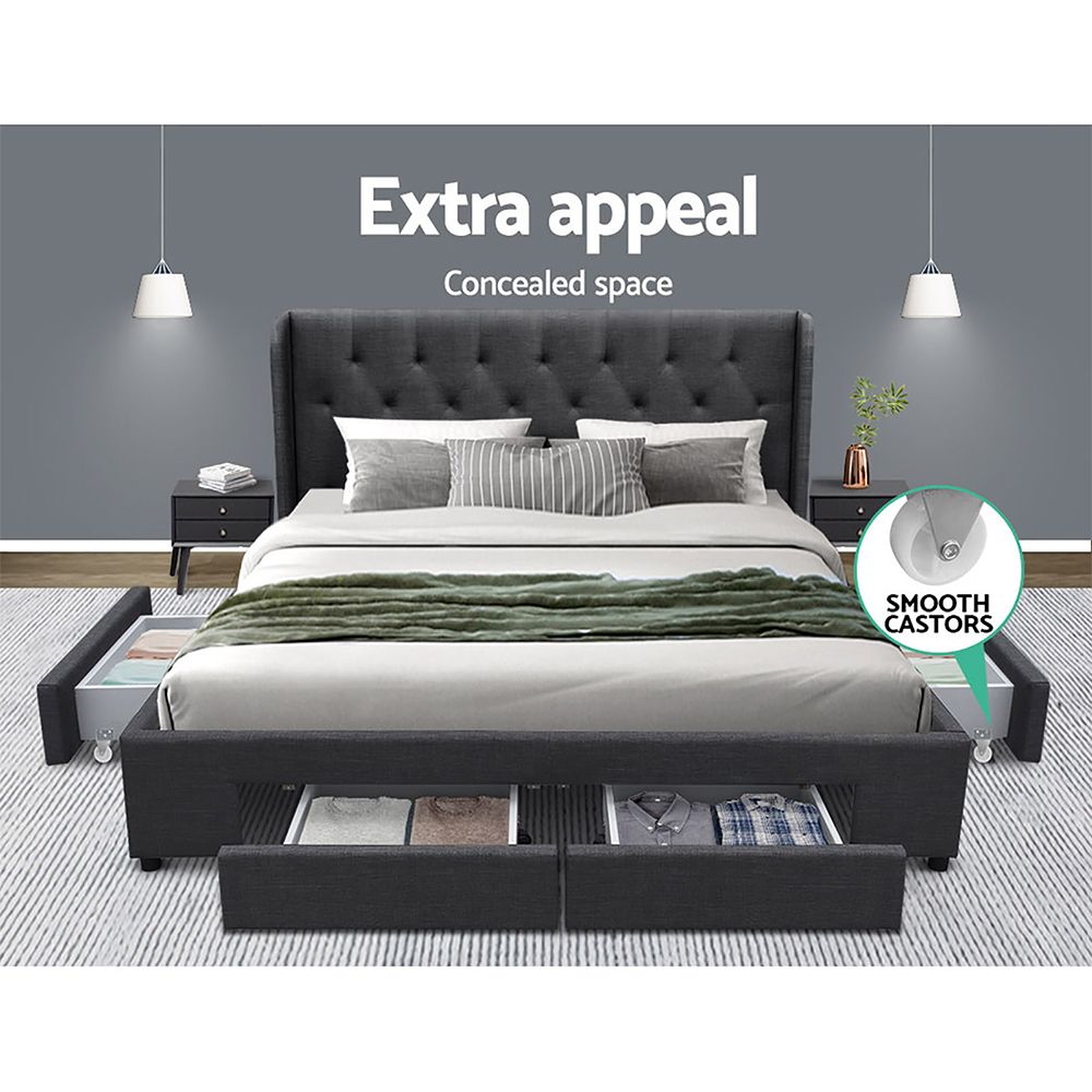Bed Frame Storage Drawers Mila Fabric - Charcoal King