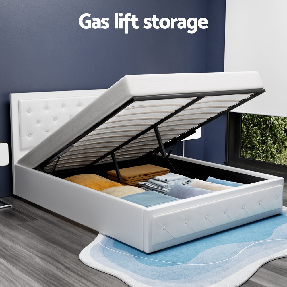 Tiyo Bed Frame PU Leather Gas Lift Storage - White Queen