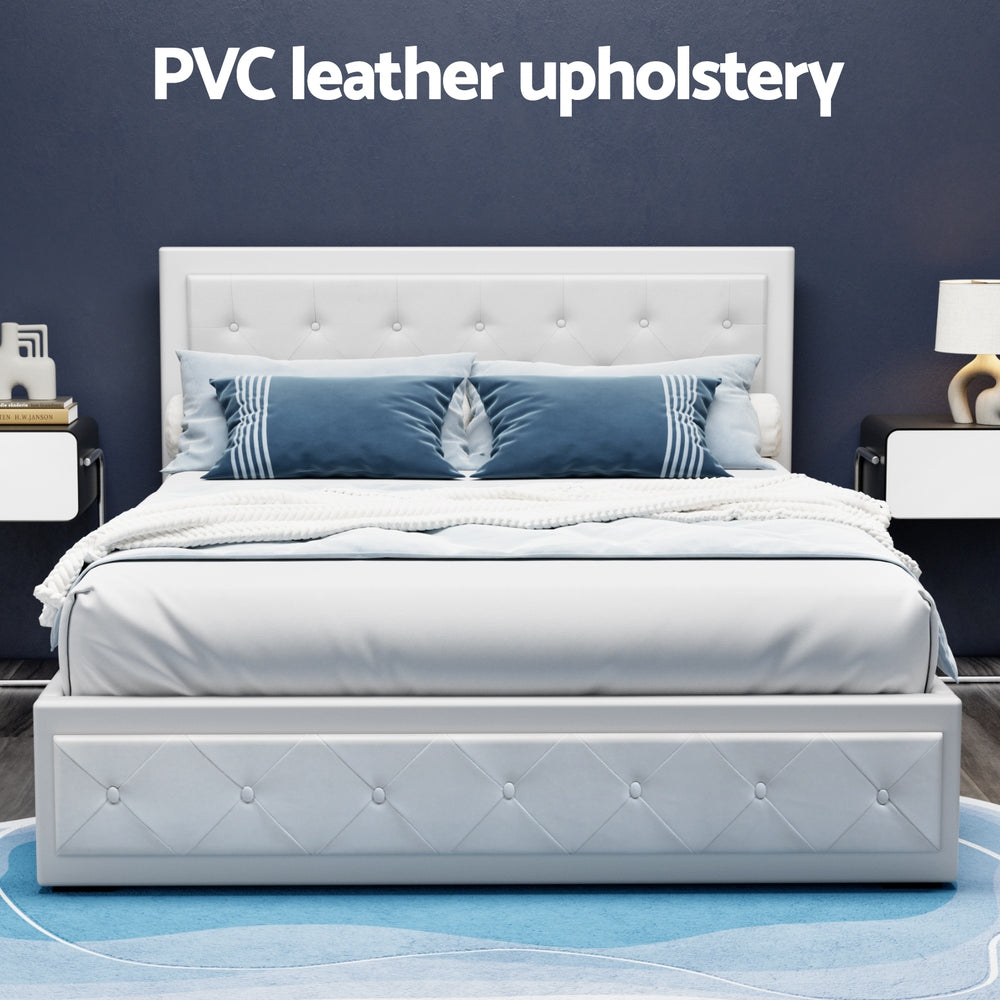 Tiyo Bed Frame PU Leather Gas Lift Storage - White Queen