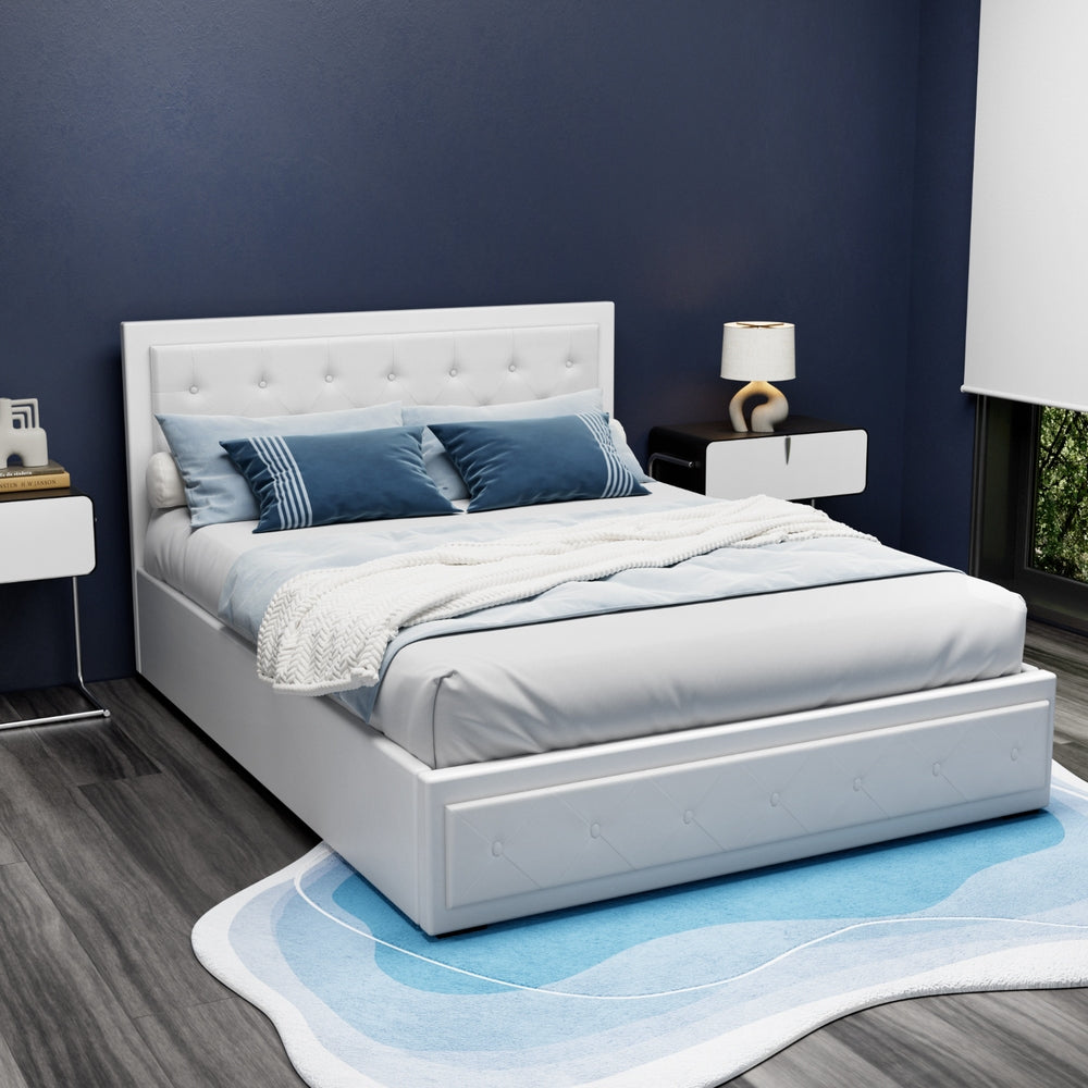 Tiyo Bed Frame PU Leather Gas Lift Storage - White Queen