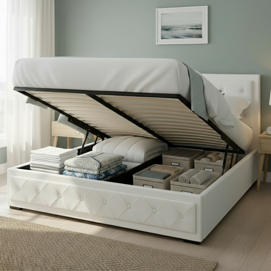 Tiyo Bed Frame PU Leather Gas Lift Storage - White Queen
