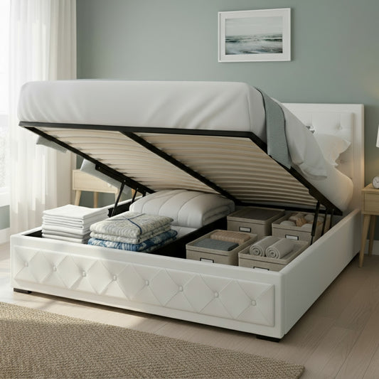 Tiyo Bed Frame PU Leather Gas Lift Storage - White Queen