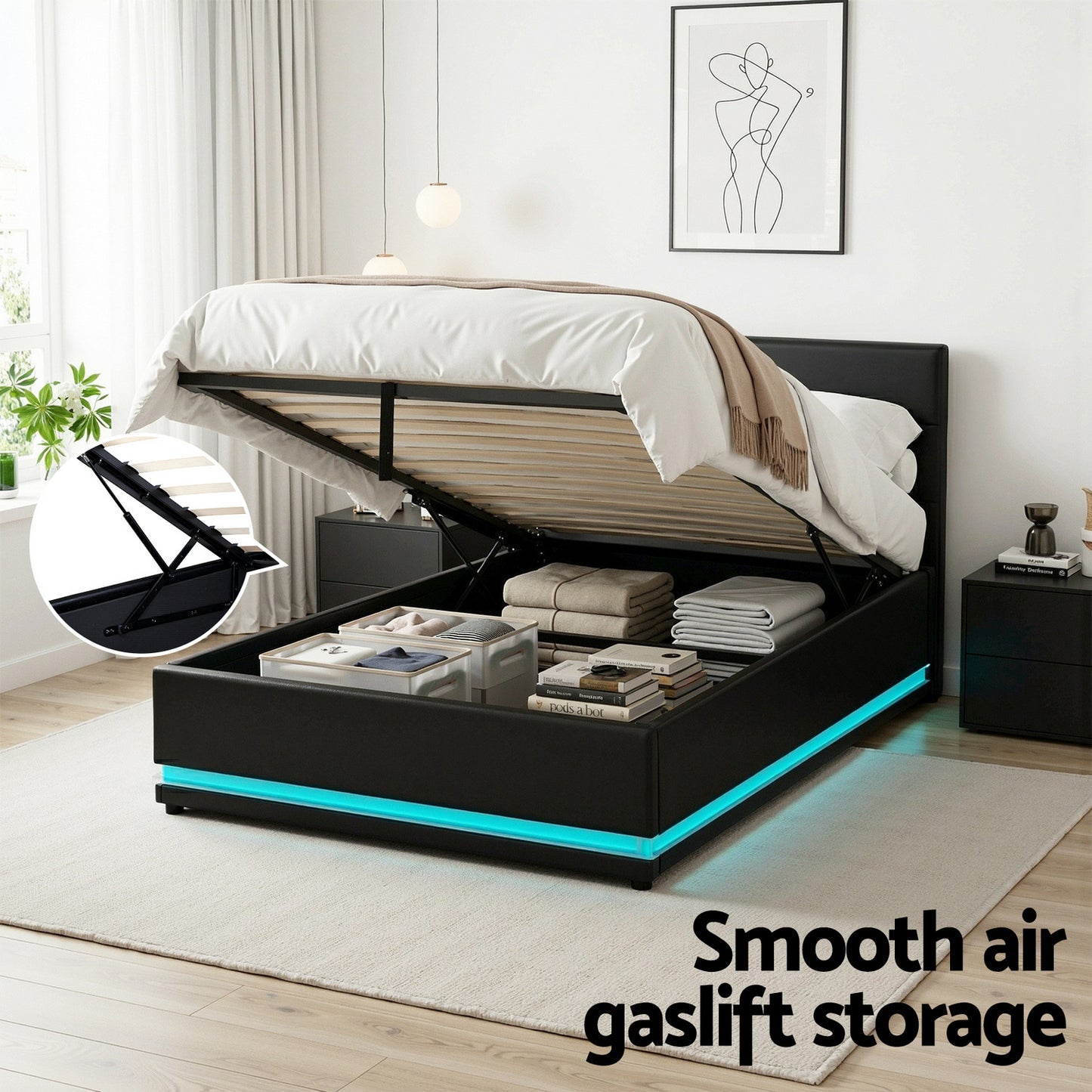LED Bed Frame Rgb King Single Size Gas Lift Base Storage Leather