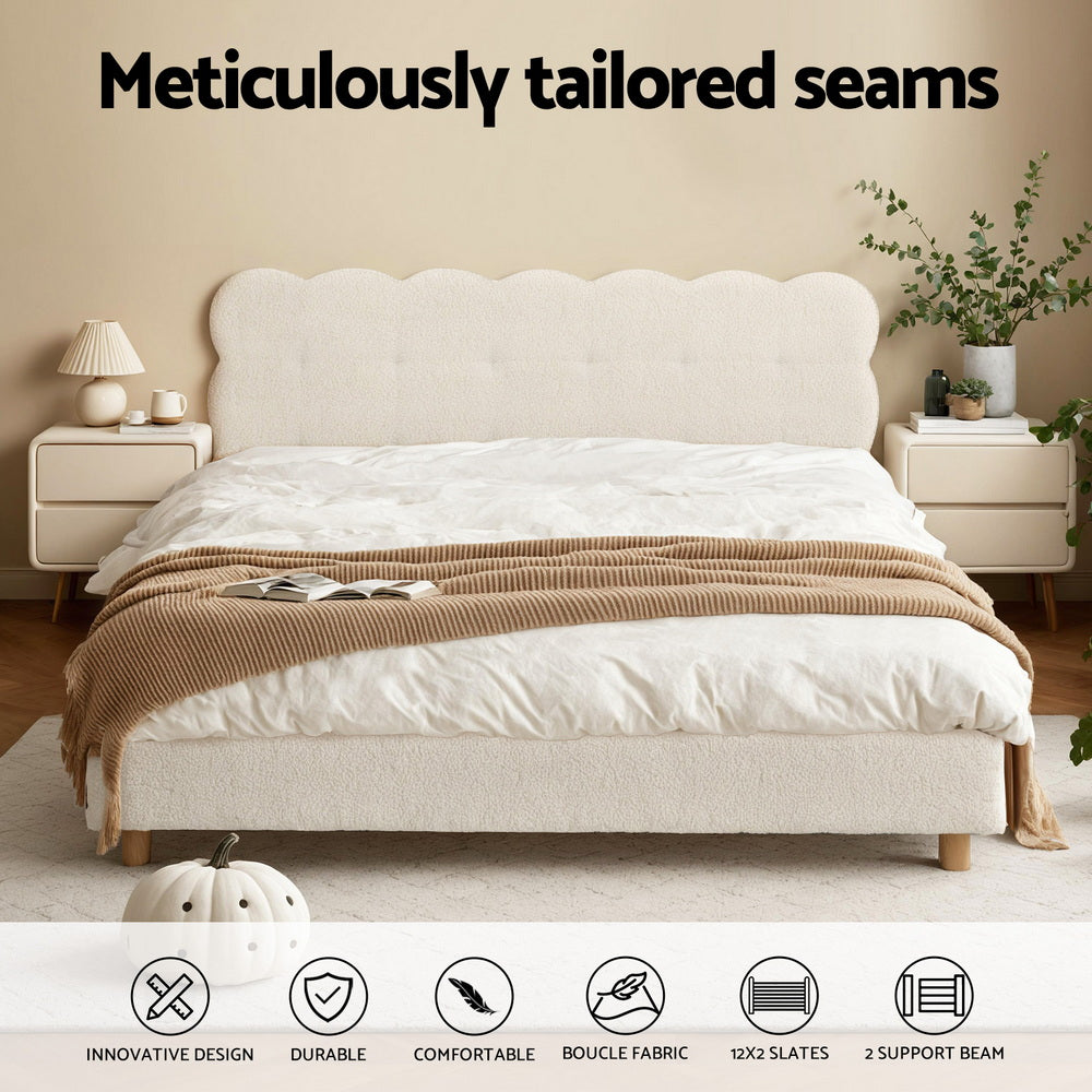 Double Bed Frame Cloud Headboard Boucle White Fabric