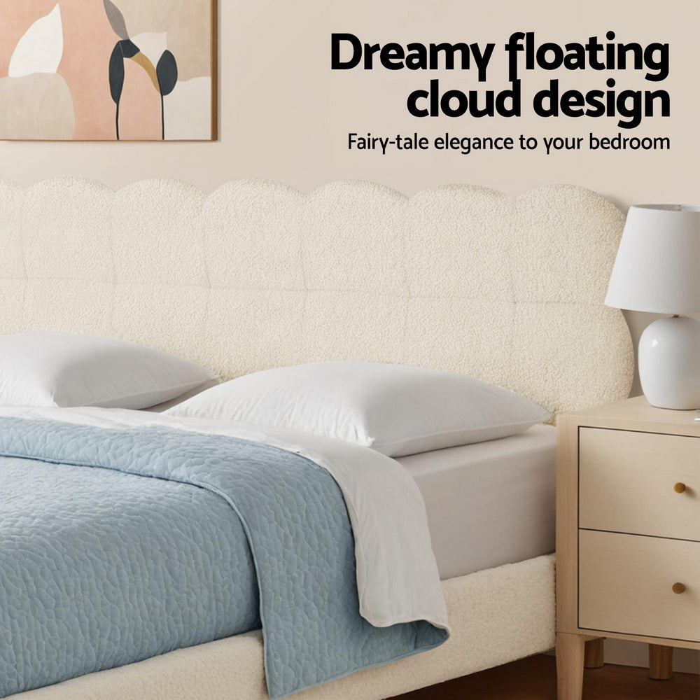 Double Bed Frame Cloud Headboard Boucle Fabric Mattress Platform Base White