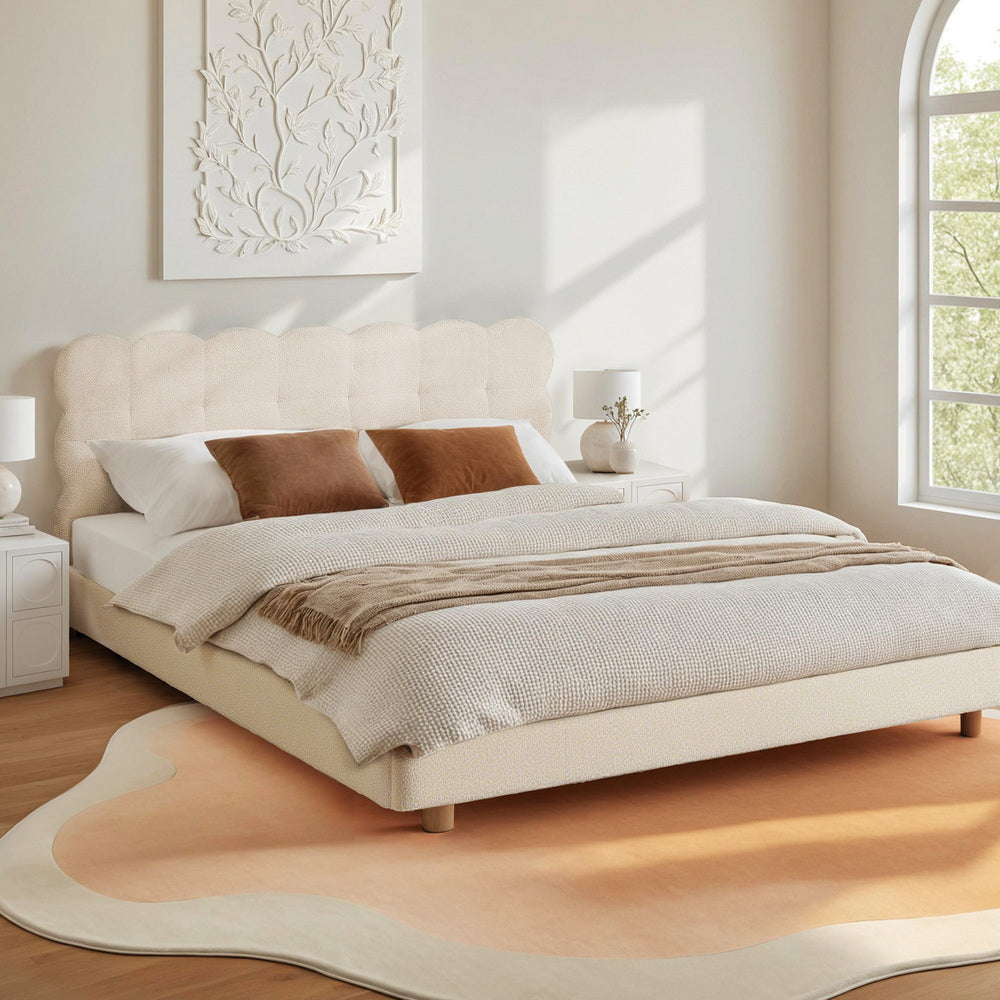 White fabric bed frame with mattress double cloud headboard