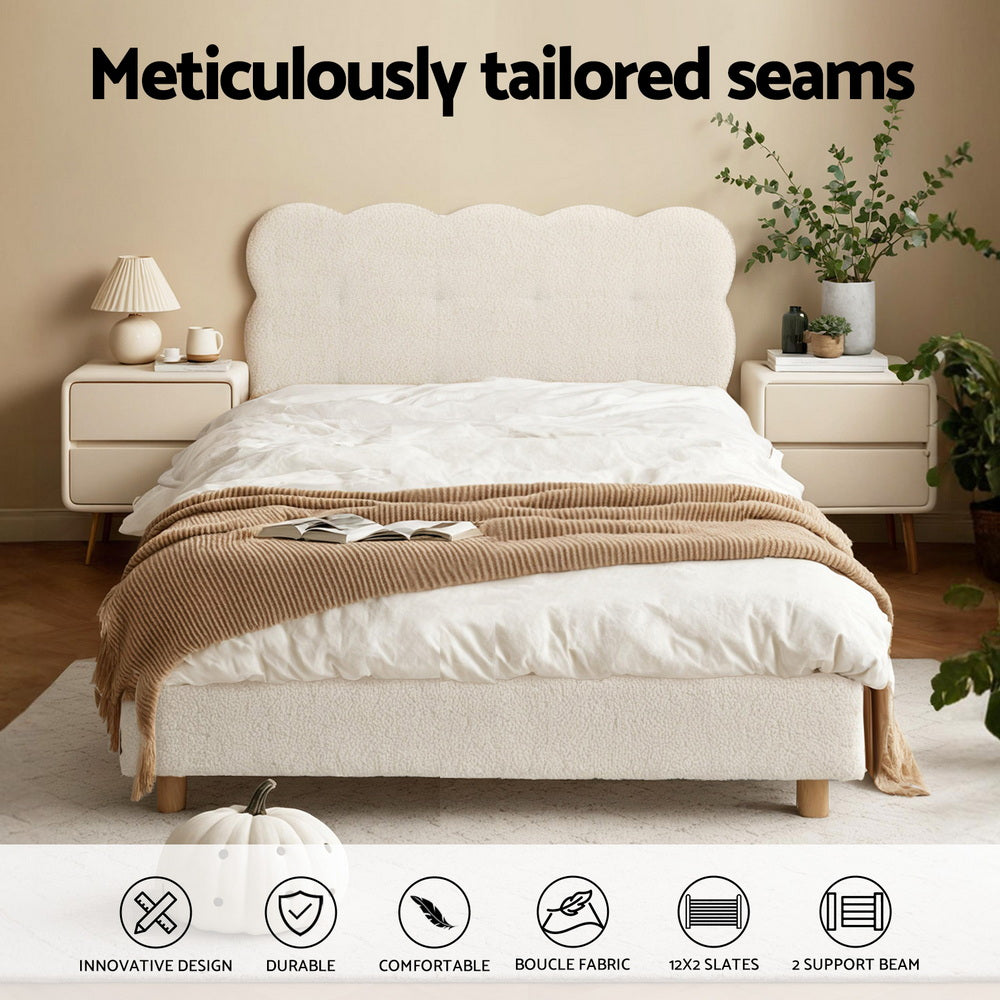 King Single Bed Frame Cloud Headboard White Fabric