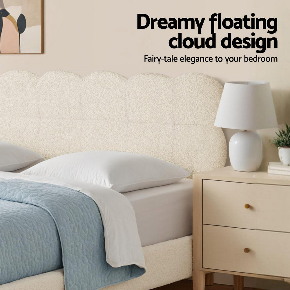 King Single Bed Frame Cloud Headboard Boucle Fabric Mattress Platform Base White