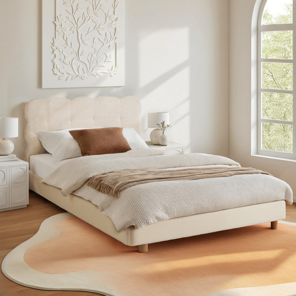 White fabric bed frame with mattress king single cloud