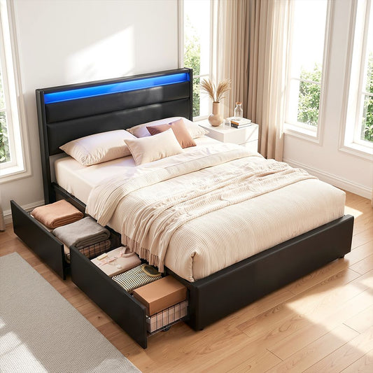 Bed Frame Double Size LED with 4 Drawers