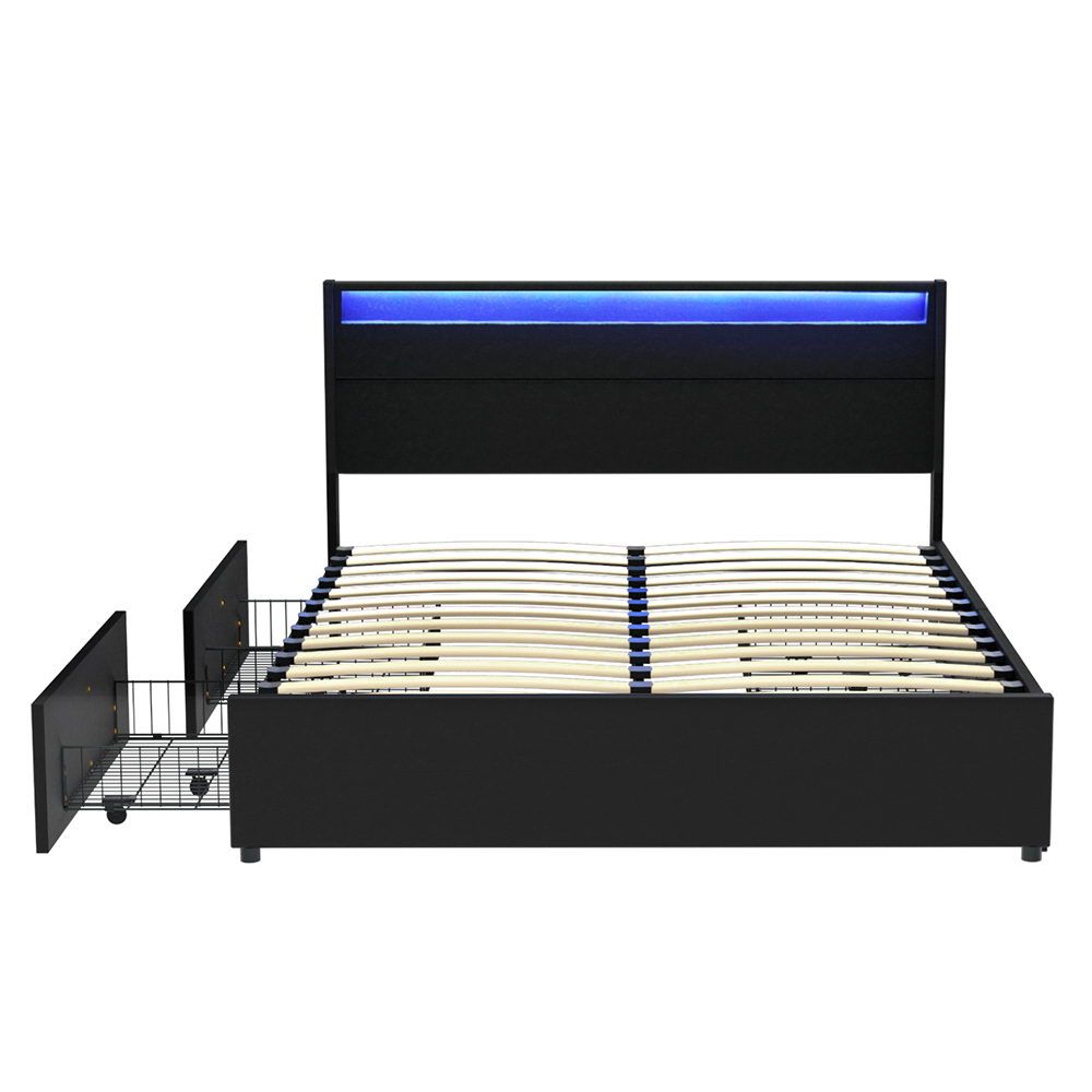 Artiss Bed Frame Queen Size LED with 4 Drawers Black DUNN from Home My Garden