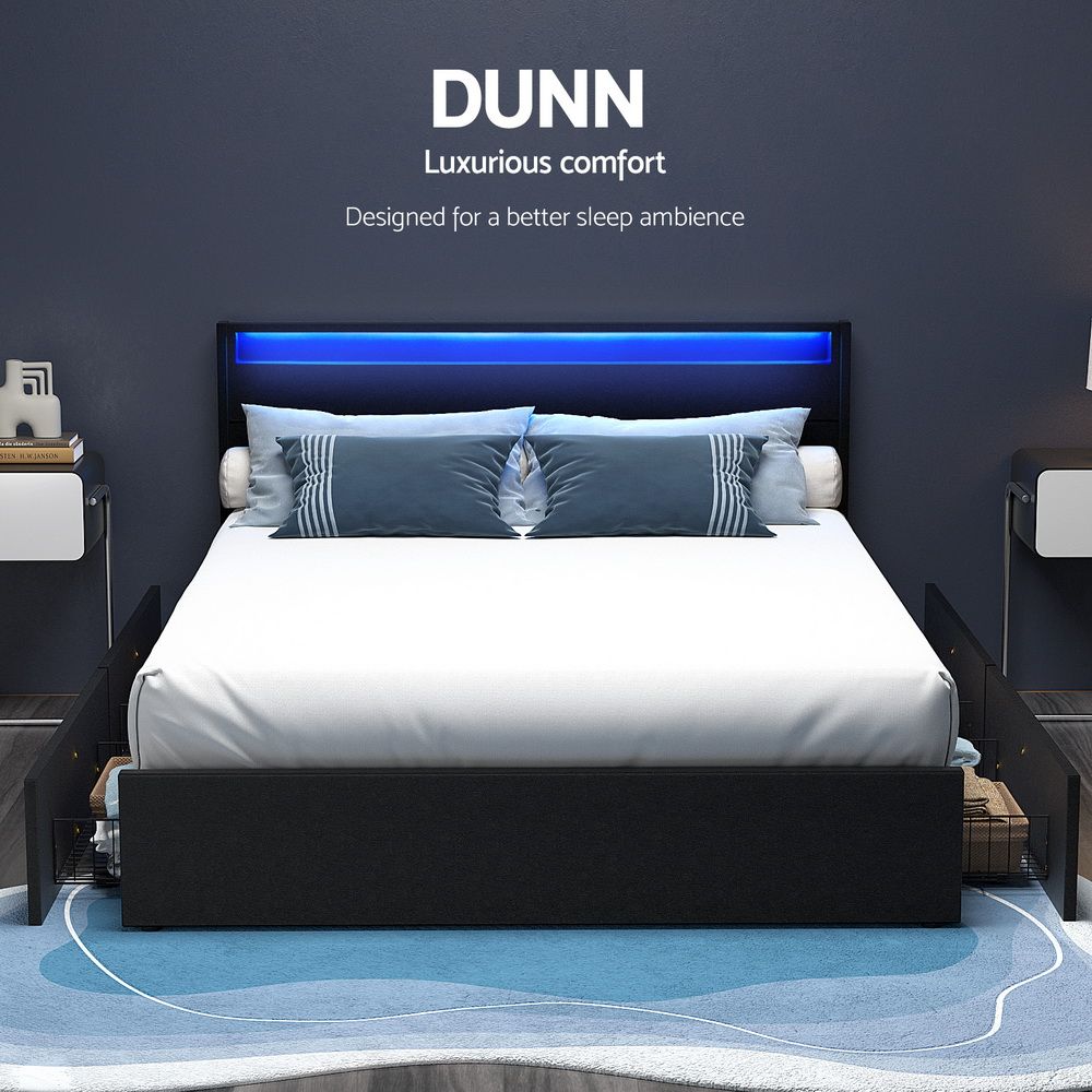 Artiss Bed Frame Queen Size LED with 4 Drawers Black DUNN product listing photo