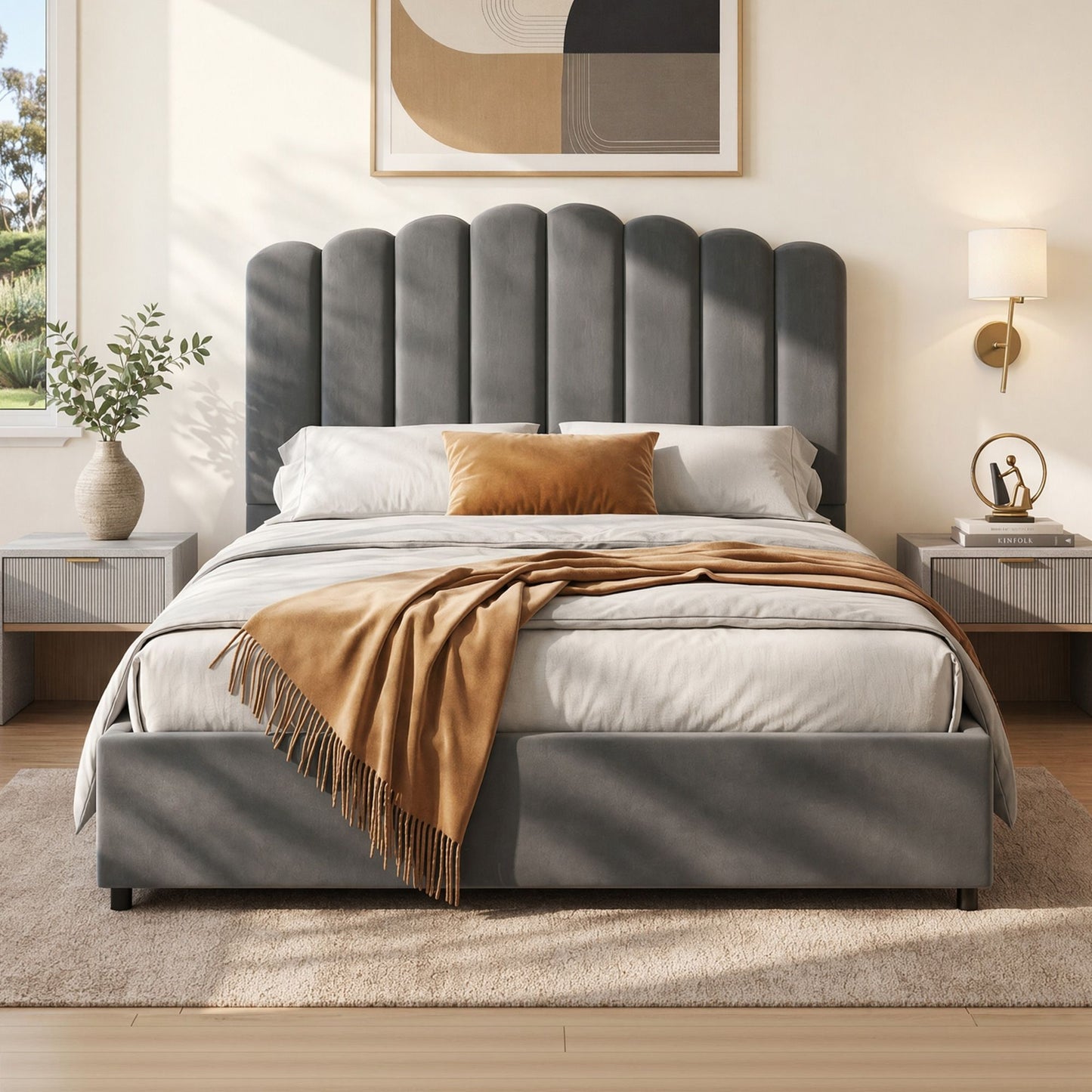 Double grey velvet bed frame