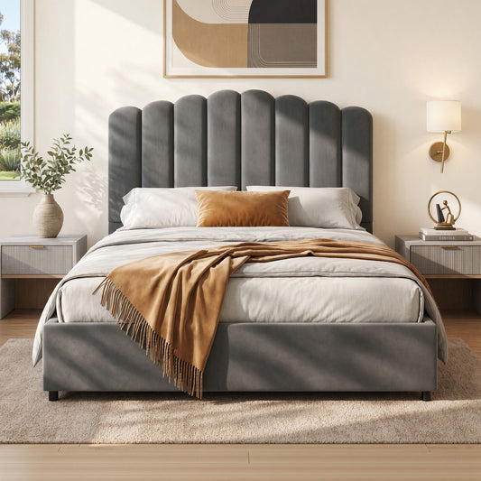 Double grey velvet bed frame