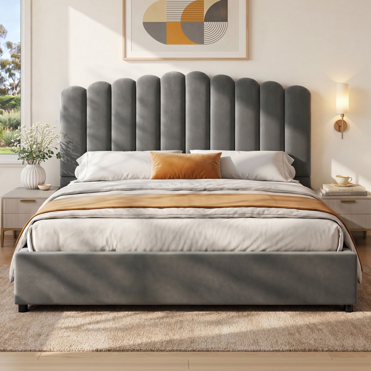 King grey velvet bed frame