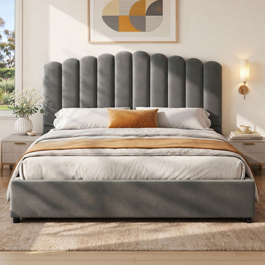 King grey velvet bed frame