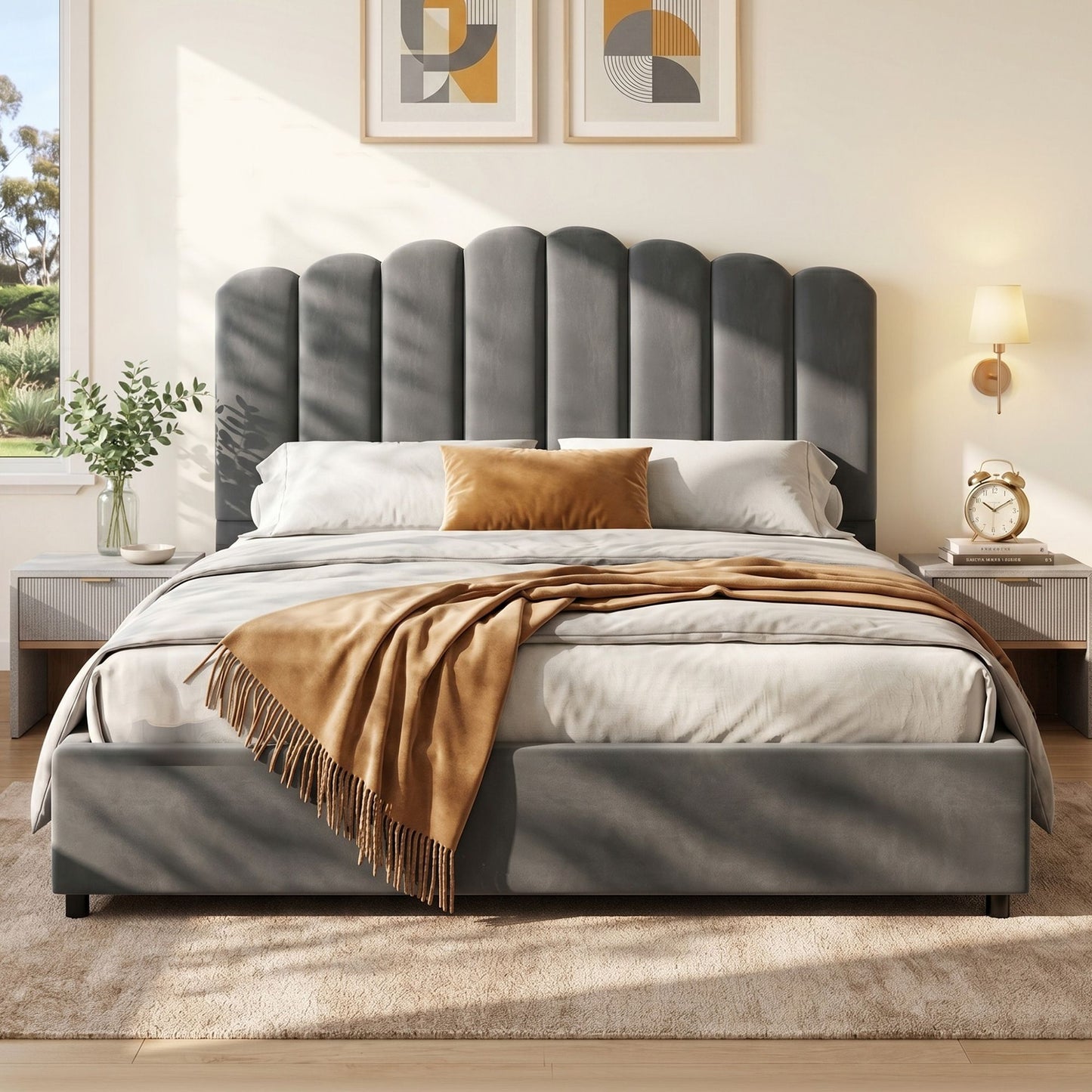 Bed Frame Queen Size Velvet Grey FION BFRAME H