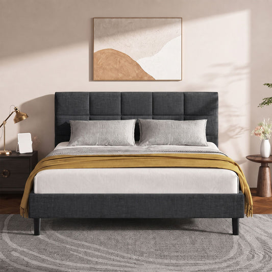 Bed Frame Double Size Base Mattress Platform Fabric Wooden Charcoal TINO