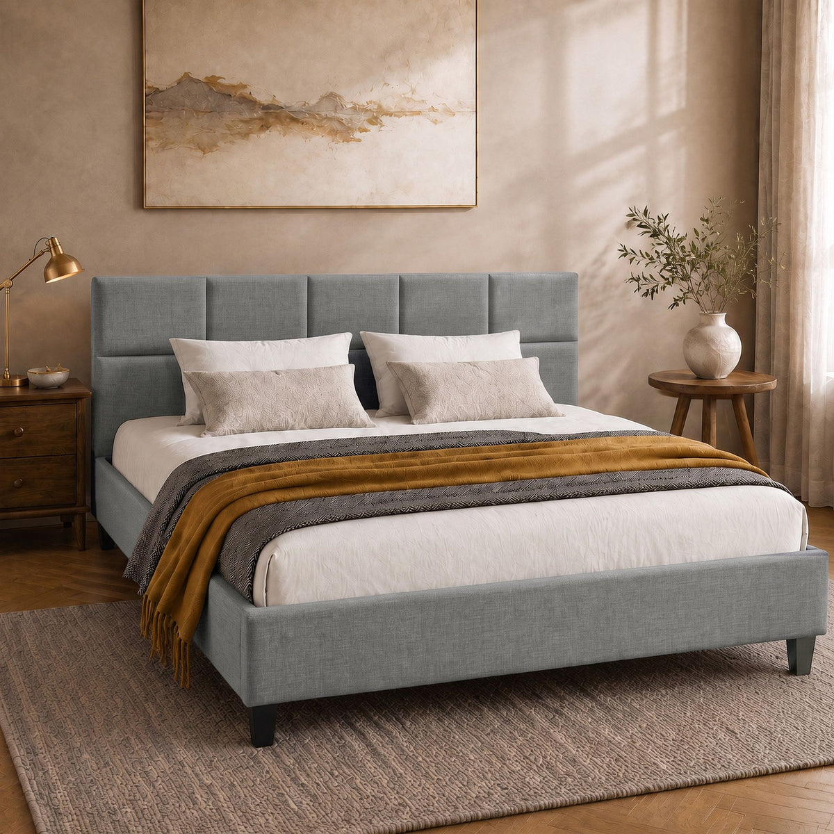 Bed Frame Queen Size Base Mattress Platform Fabric Wooden Charcoal