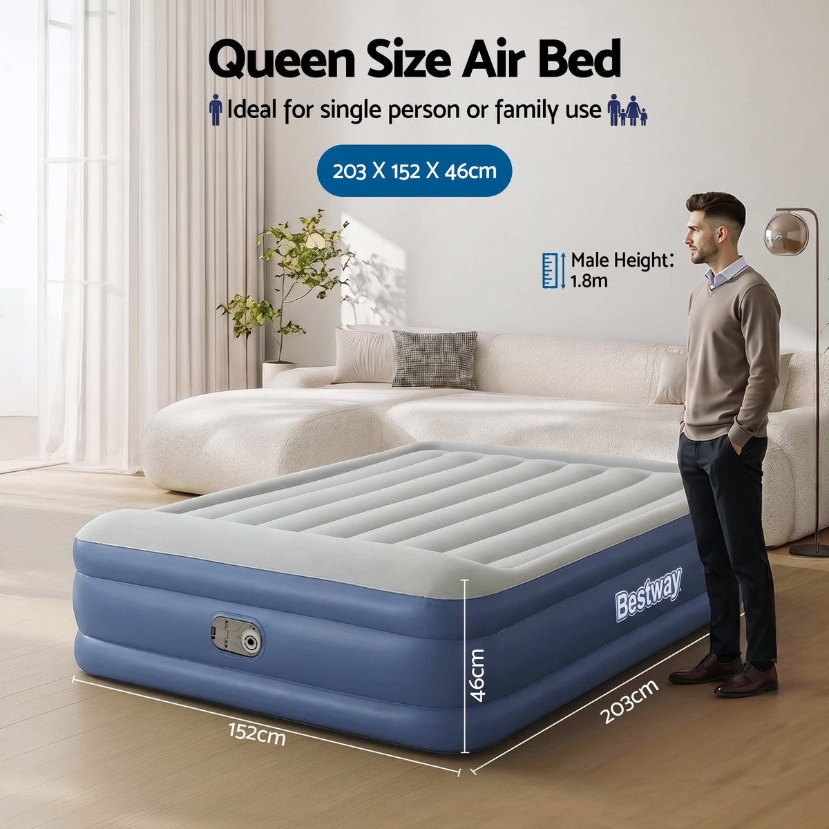 Queen Air Bed Inflatable Mattress Sleeping Mat Battery Built-in Pump