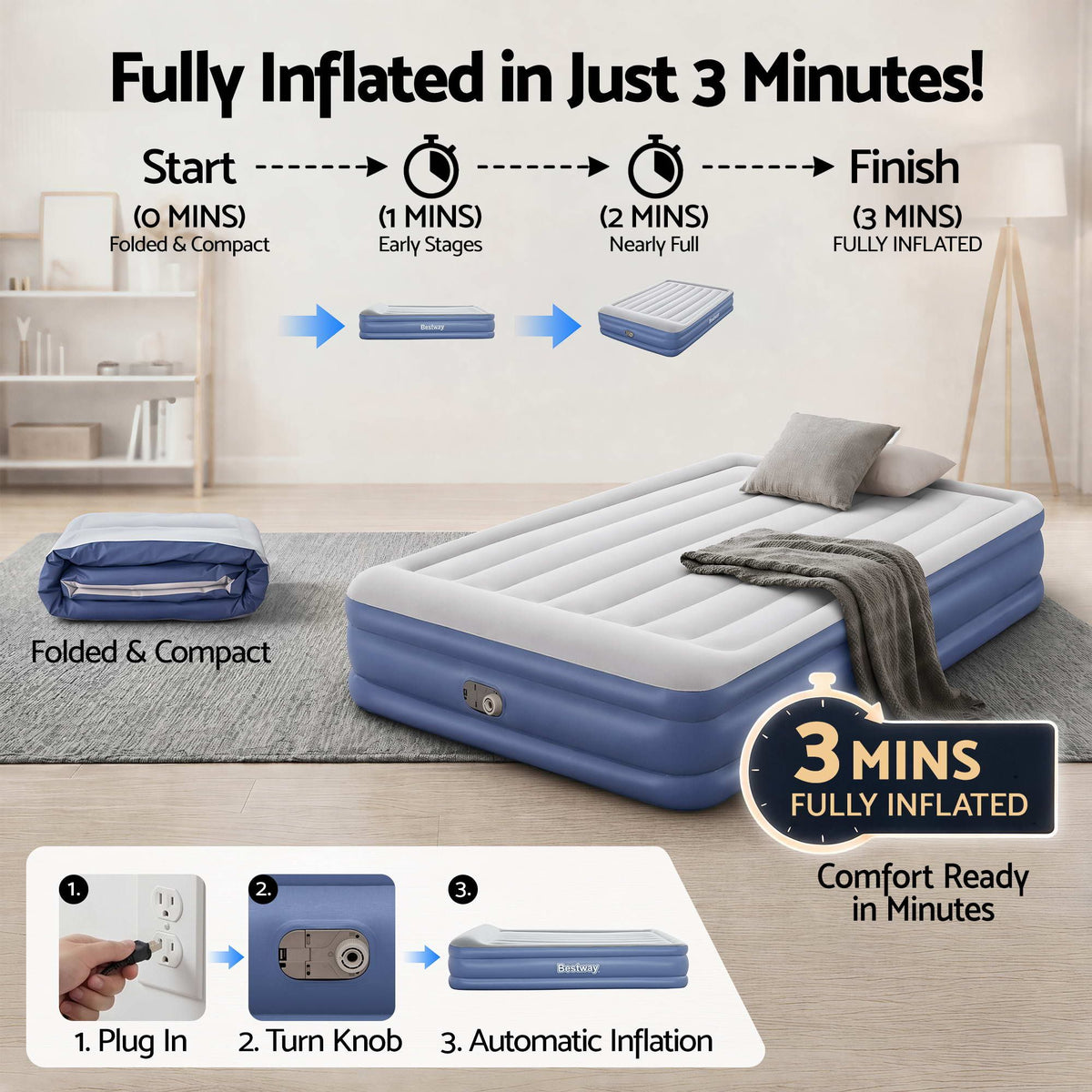 Queen Air Bed Inflatable Mattress Sleeping Mat Battery Built-in Pump
