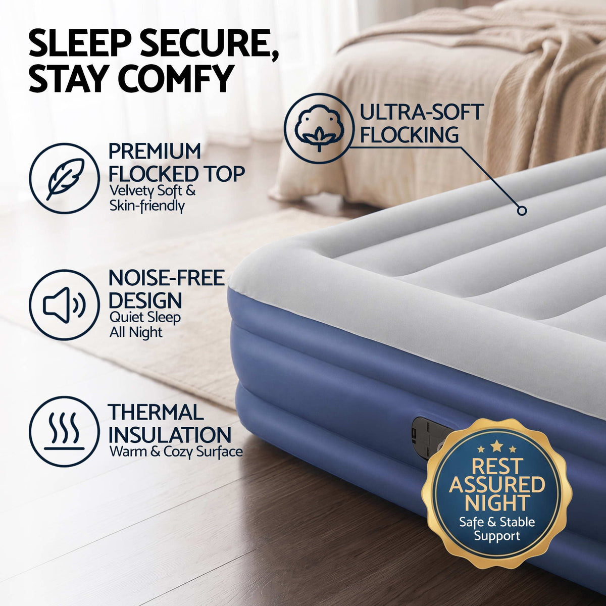 Queen Air Bed Inflatable Mattress Sleeping Mat Battery Built-in Pump