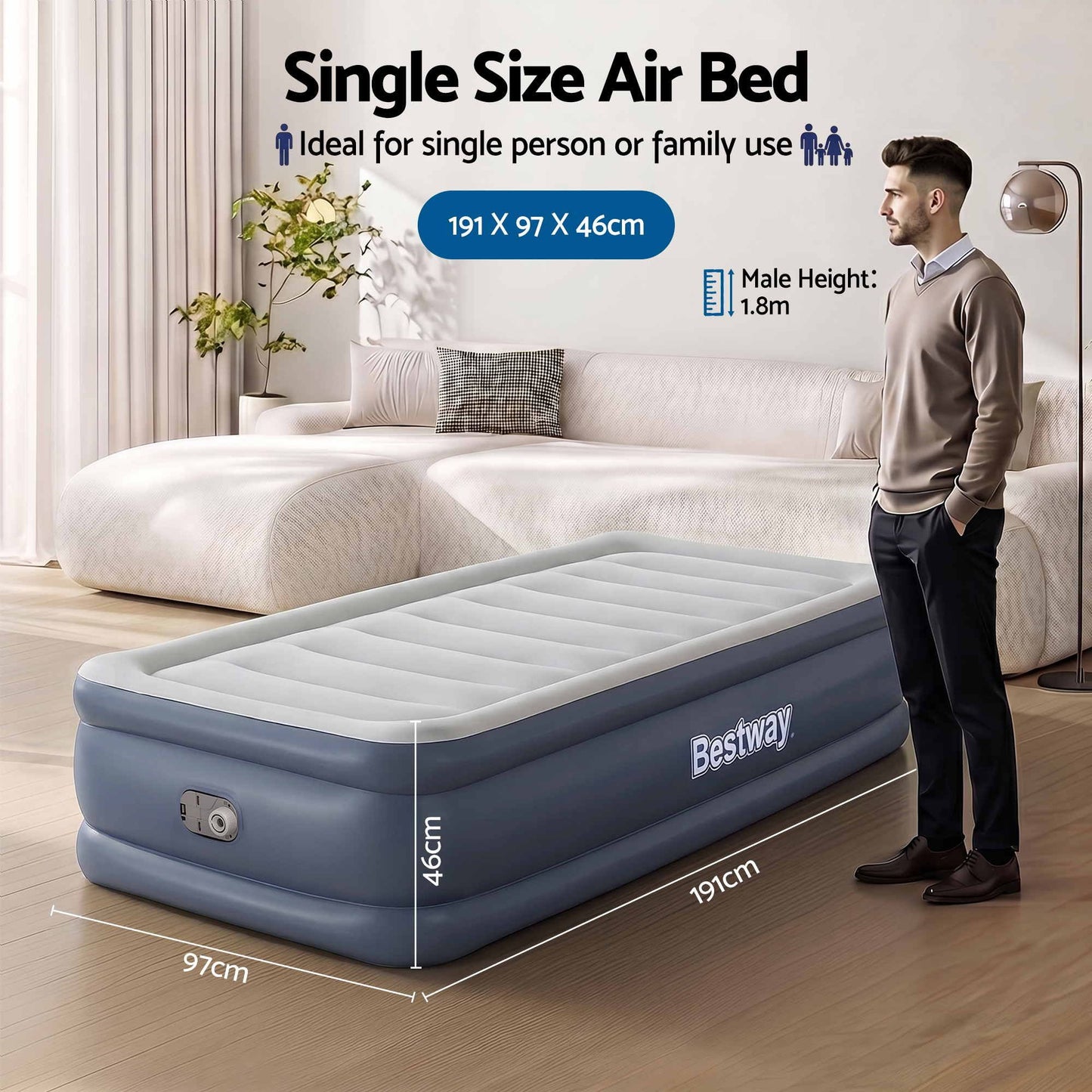 Air Mattress Single Inflatable Bed 51CM Camping Home Outdoor