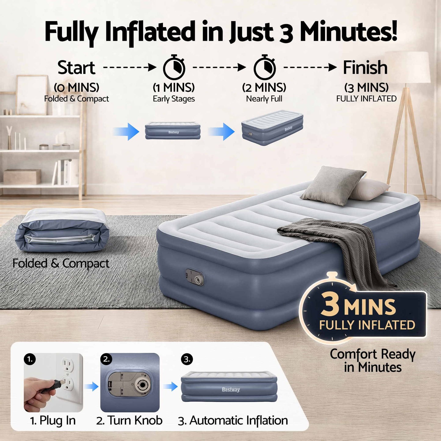 Air Mattress Single Inflatable Bed 51CM Camping Home Outdoor