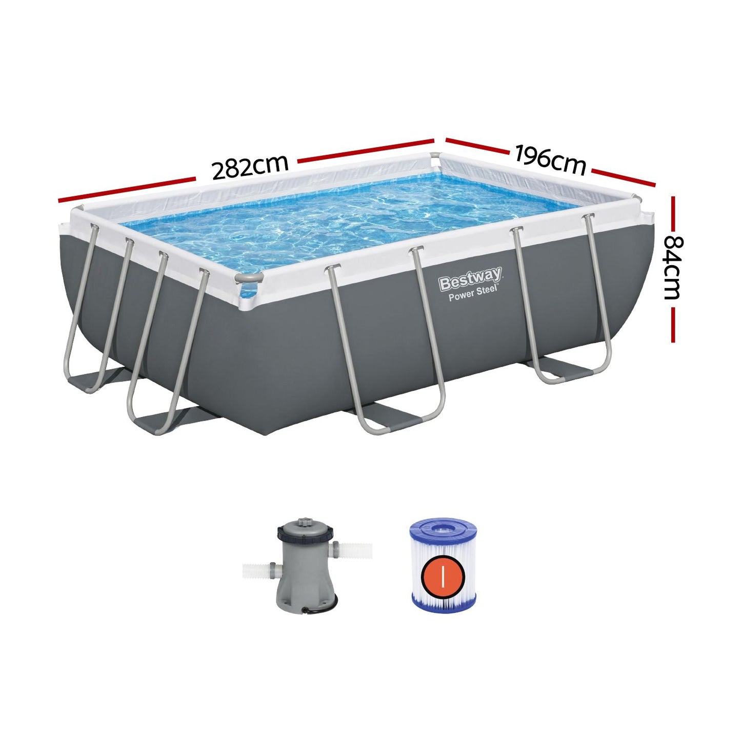 Swimming Pool Steel Frame 282x196x84cm Above Ground Pool with Filter Pump 3662L