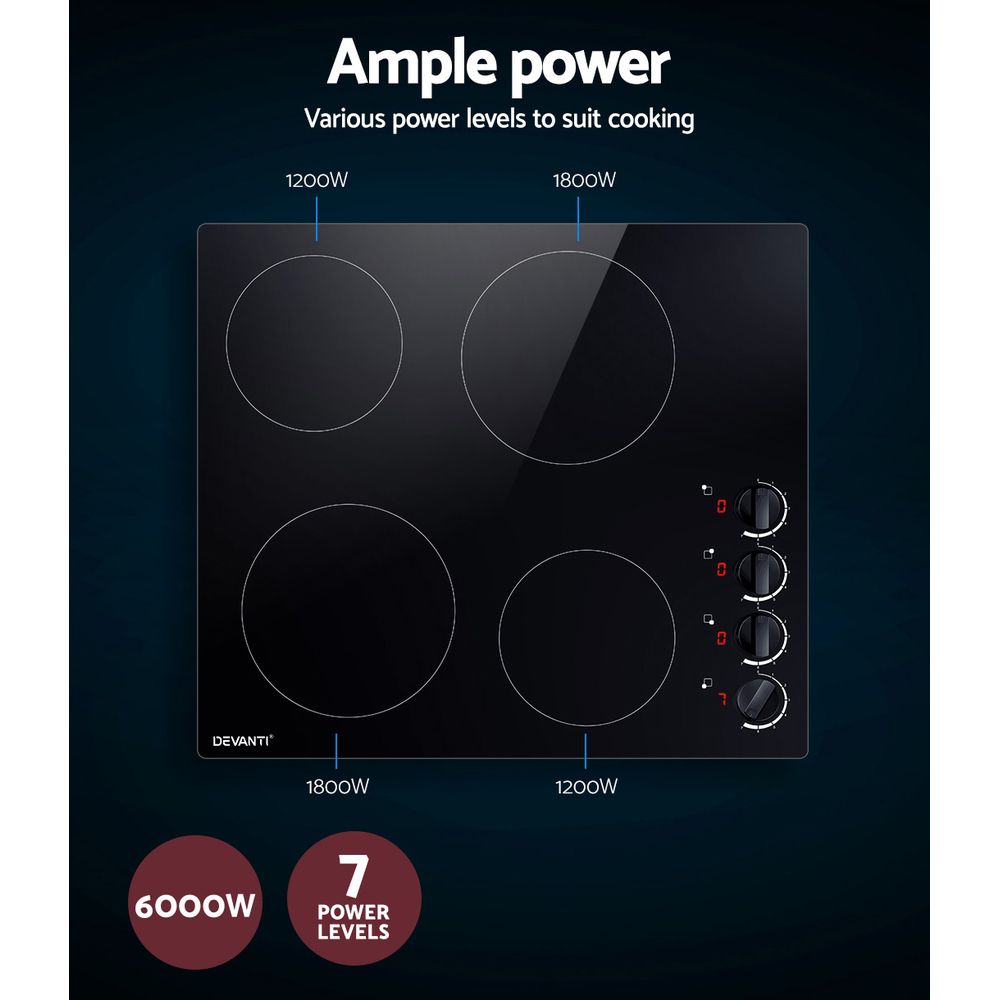 Ceramic Cooktop 60cm Kitchen Burner Cooker 4 Zone Knobs Control