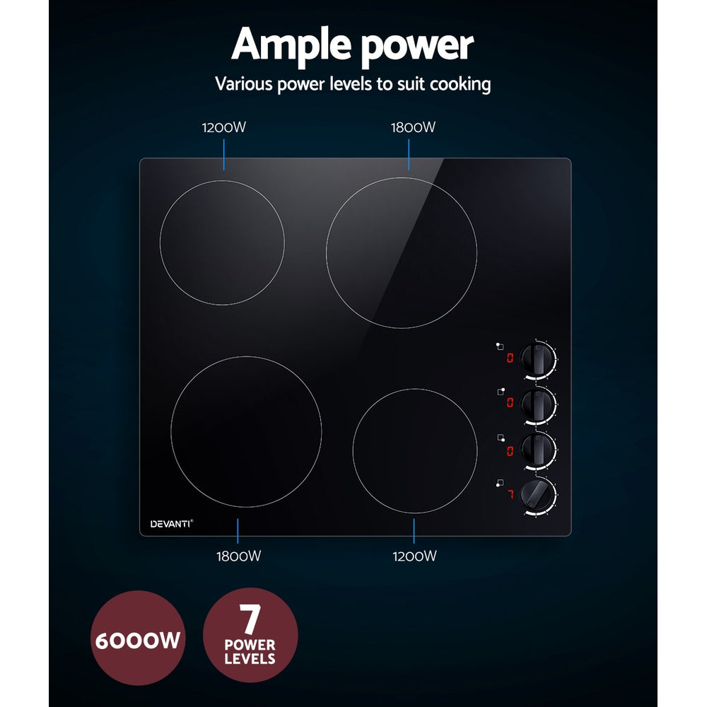 Ceramic Cooktop 60cm Kitchen Burner Cooker 4 Zone Knobs Control